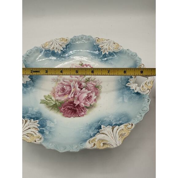 RS Prussia Antique Blue Cake Plate Pink Roses 1910 - Picture 8 of 8